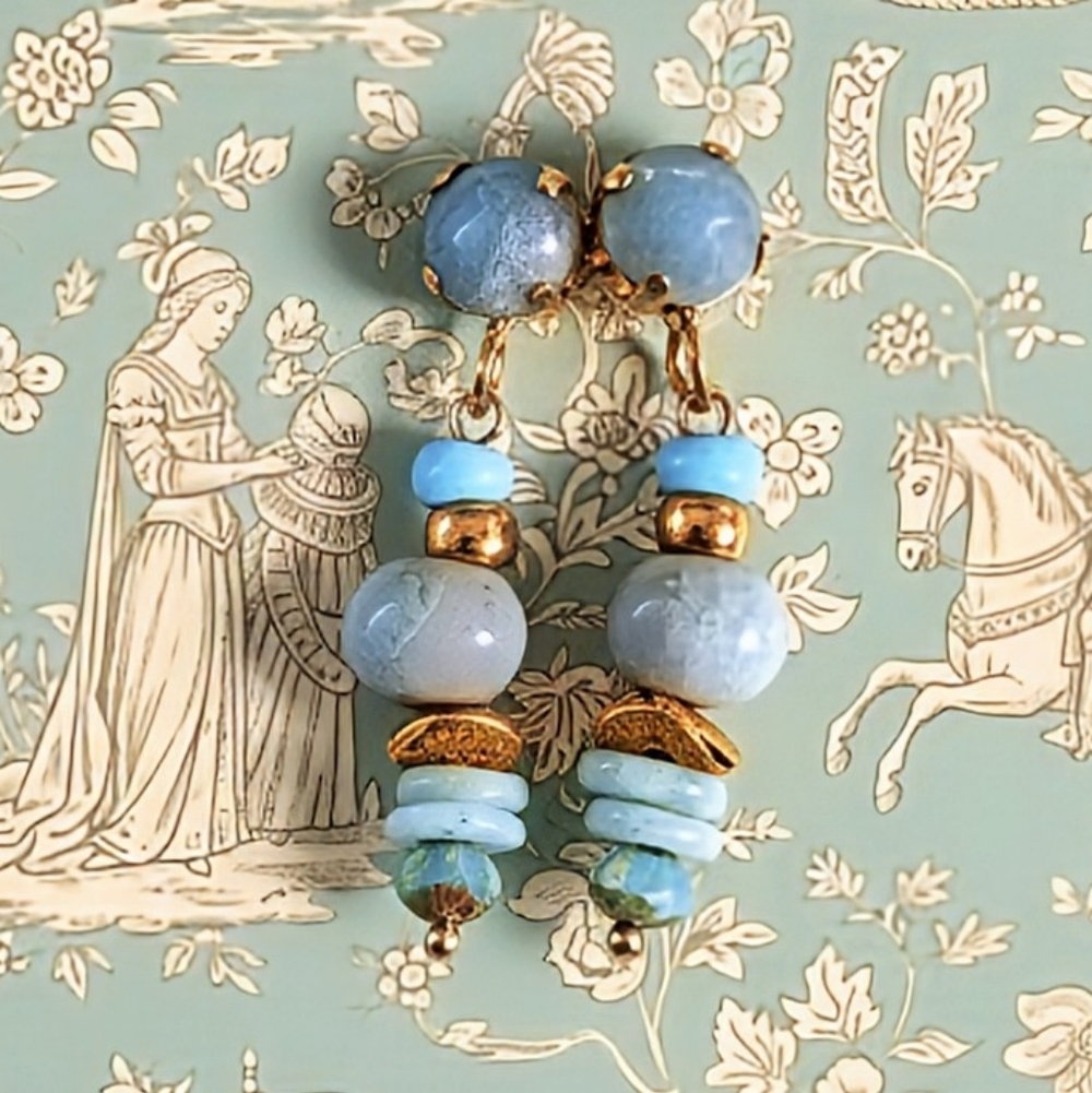 Amazonite And Blue Aqua Beads Drop Down Earrings